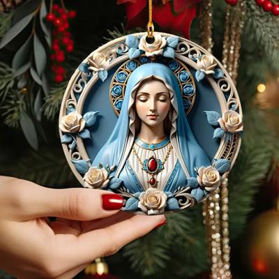 1/2Pcs Acrylic Blessed Virgin Mary Ornament with Lanyard Home Office Indoor Christmas Tree Hanging 2D Flat Our Lady Decoration Round Catholic