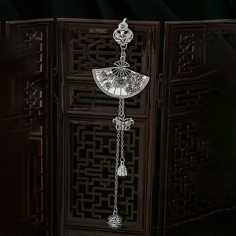 Retro Chinese Plum Blossom Fan Brooch with Tassel Pendant