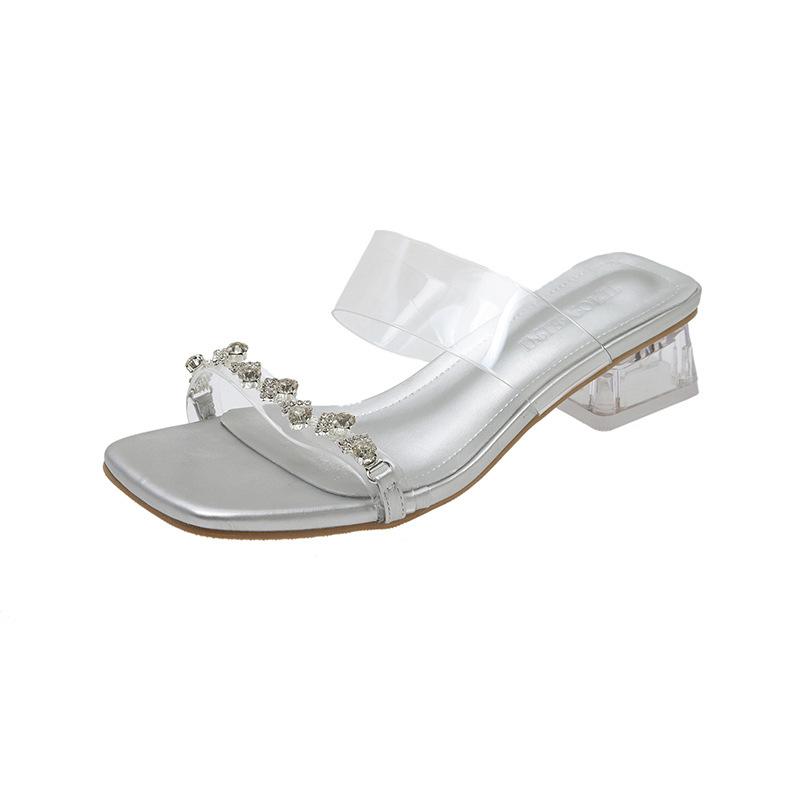 2025 This summer's new outer wear slippers female rhinestones fairy style with skirt thick heel transparent crystal and sandals