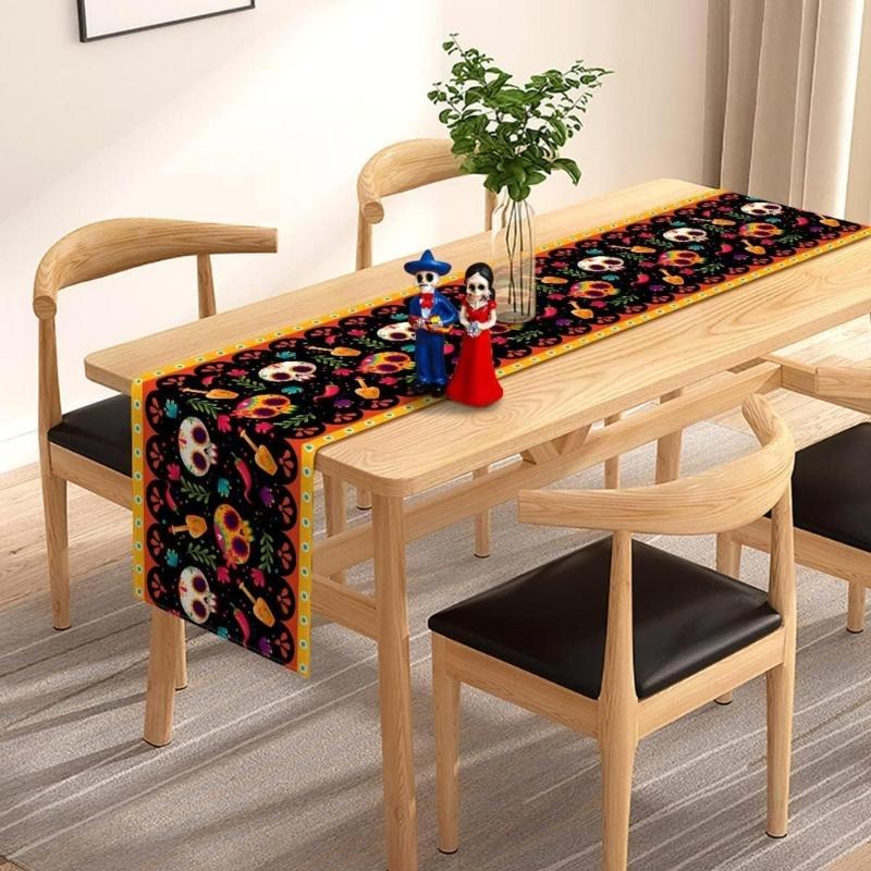 Horror Halloween Skull Table Runner Ethnic Mexico Flower Table Runner Day of The Dead Kitchen Dining Tablecloth Table