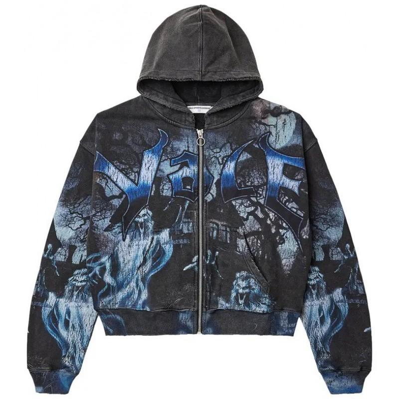 Unisex Hooded Zip-Up Sweatshirt With Camo Print Loose Fit Streetwear Teens Adults