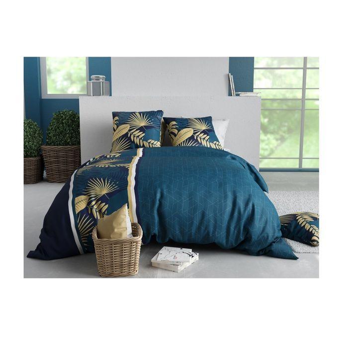 Parure de lit - Housse couette + 2 taies - 220 x 240 cm - Motif feuillage doré - Confort 100% coton