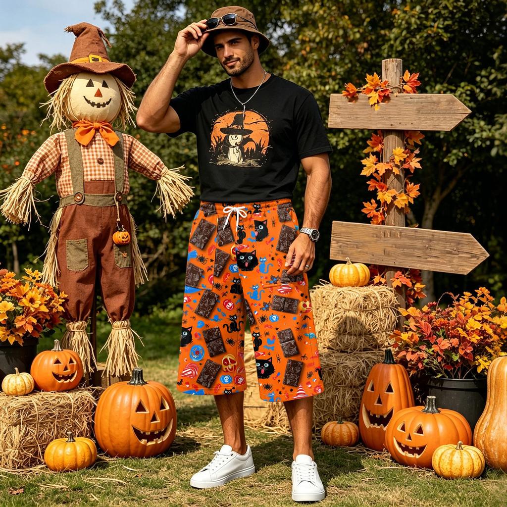Men's Loose Fit Casual Shorts with Large Pockets Halloween Print