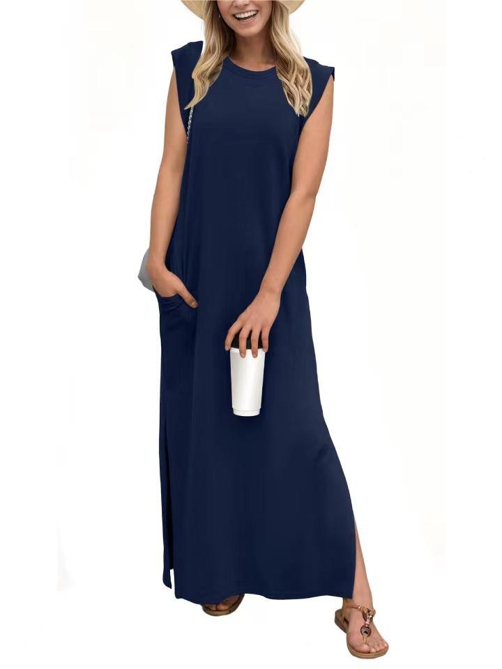 European and American new women's summer casual solid color round neck sleeveless loose long dress