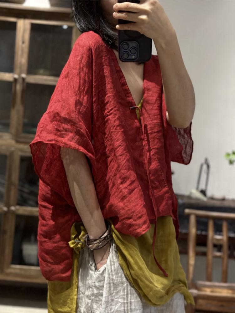 Johnature Dámské Vintage plátěné letní košile Jednobarevný pásek Topy v čínském stylu Halenky s krátkým rukávem a výstřihem do V Volná košile