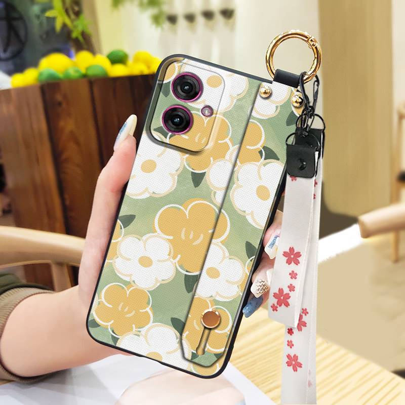 Soft case Wrist Strap Phone Case For MOTO G55 5G Oil Painting Flower Phone Holder Anti-dust Shockproof Lanyard Kickstand