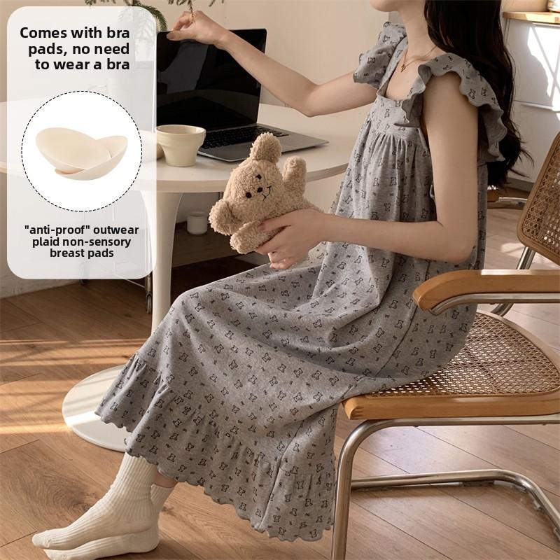 Summer Cartoon Print Casual Loose Nightdress with Chest Pad Sleepwear Women Square Neck Sleepdress Young Girl Nightgown Homewear