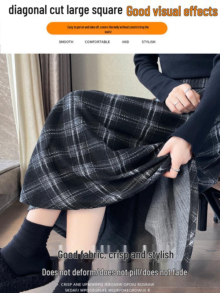 New Autumn/Winter Plus-Size Plaid Wool A-Line Midi Skirt for Women with Slimming Wide Hem