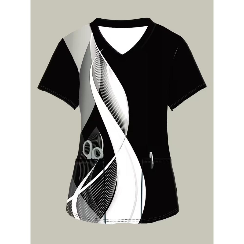 Sommer-Kurzarm-T-Shirt Medizinischer Anzug Damen Modebedrucktes Lässiges V-Ausschnitt-Kurzarm-Chirurgie-Anzug mit Taschen