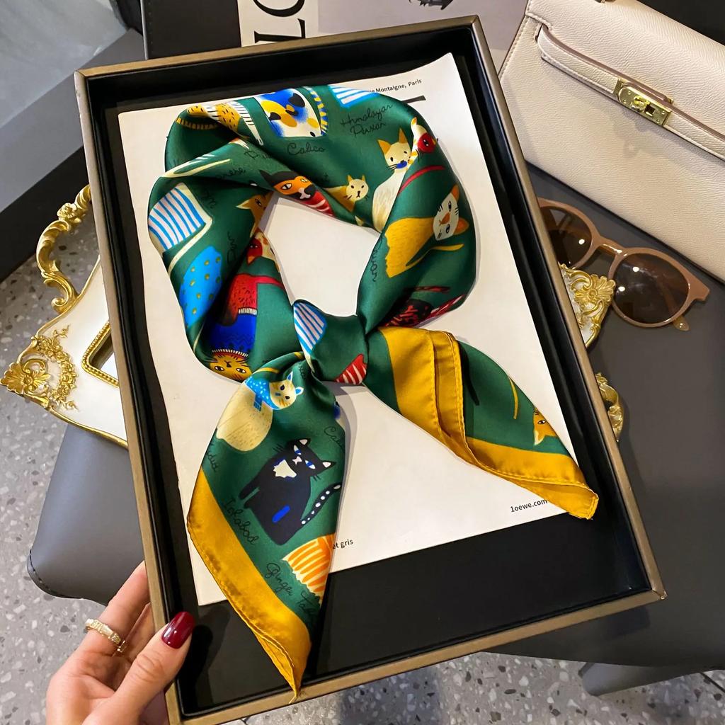 Luxury Brand Women Leopard Print Square Hijab Scarf Soft Satin Silk-like Small Neck Scarf Stylish Casual Headscarf