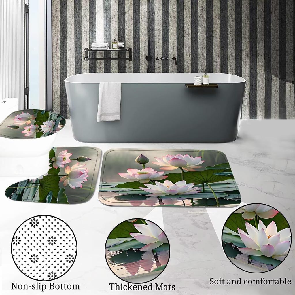 4Pcs Bathroom Shower Curtain Set Lotus  Bathroom Curtain With 12 Hooks Non Slip Rugs Toilet Cover Mat Bathroom Partition