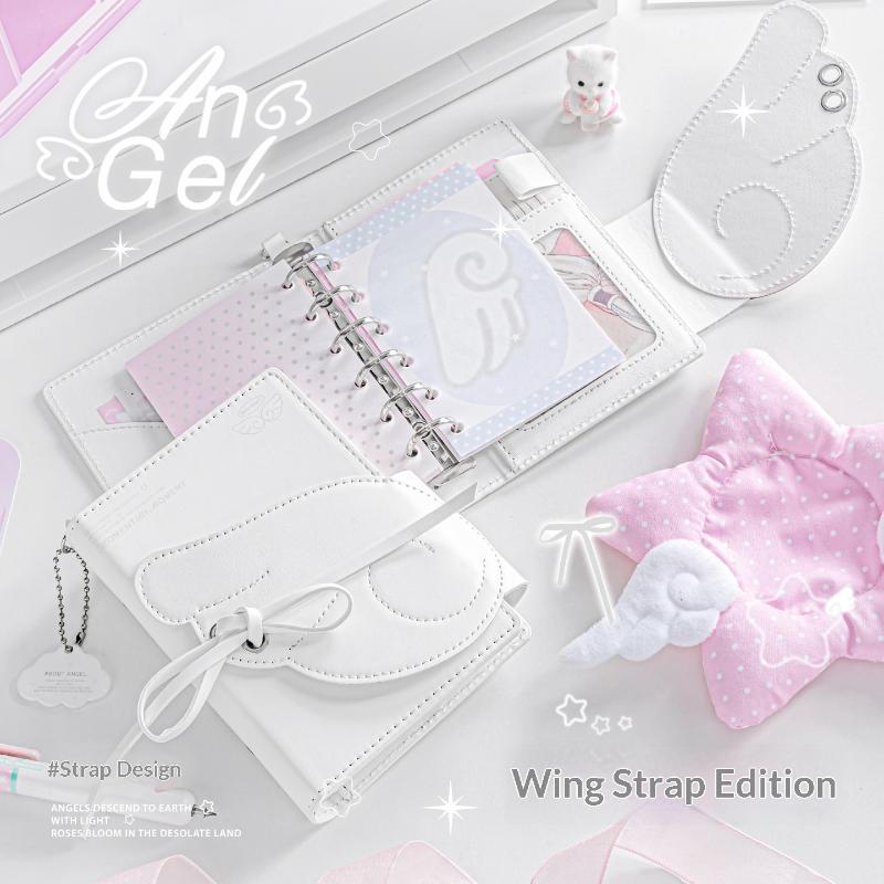 Cute Angel Wings Journal 3 Fold Binder Notebook PU Leather Multi Pocket Waterproof Planner for School Girls Travel Writing