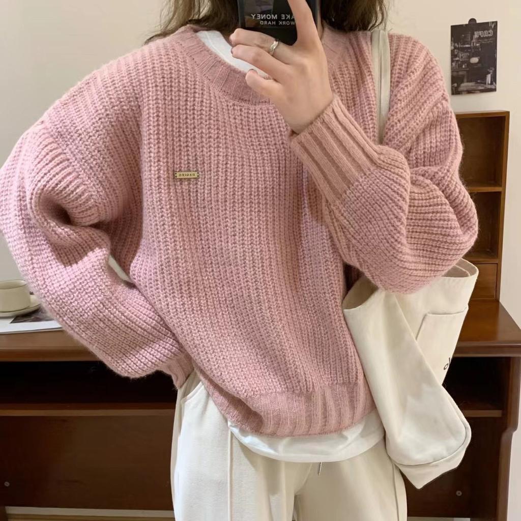 Autumn and Winter Women's Solid Color Pullover Sweater Loose Round Neck Knitted Sweater Base Top