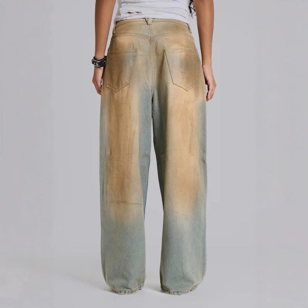 Y2K Vintage Washed Letter Print Denim Jeans High Waist Cotton Straight Leg Streetwear Long Trousers