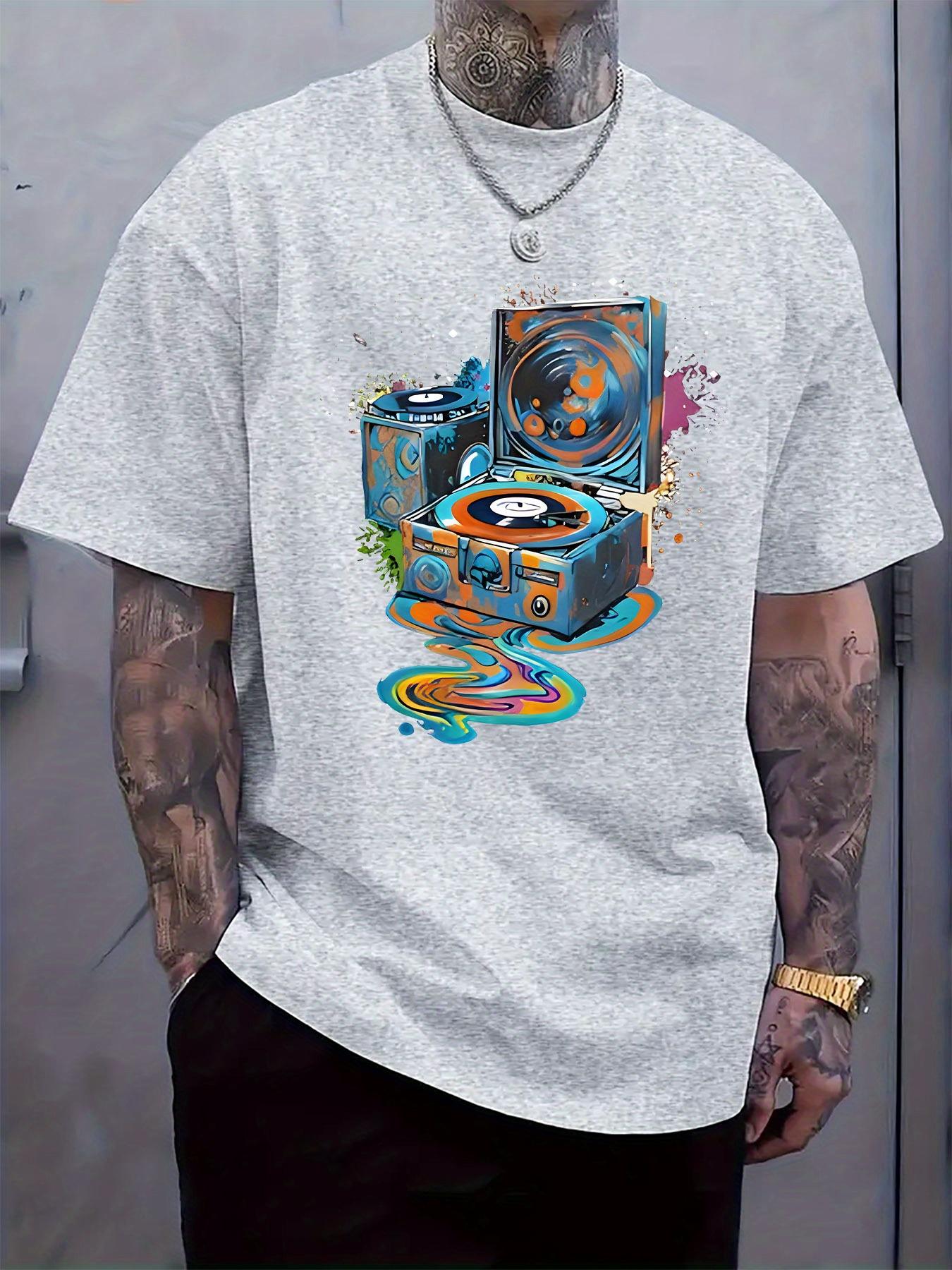 

Retro Vinyl Record Player Graphic T-shirt - Colorful Splatter Paint Style M