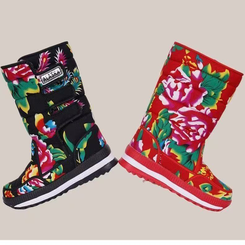 Winter snow cotton piled thickened ethnic wind big flower cotton shoes warm outdoor travel cotton boots
