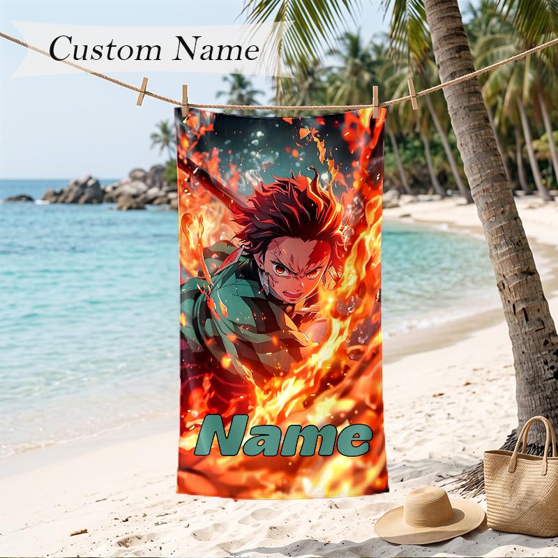 Tanjiro Custom Name Printed Beach Towel Personalized Soft Towel For Swimming Beach Travel