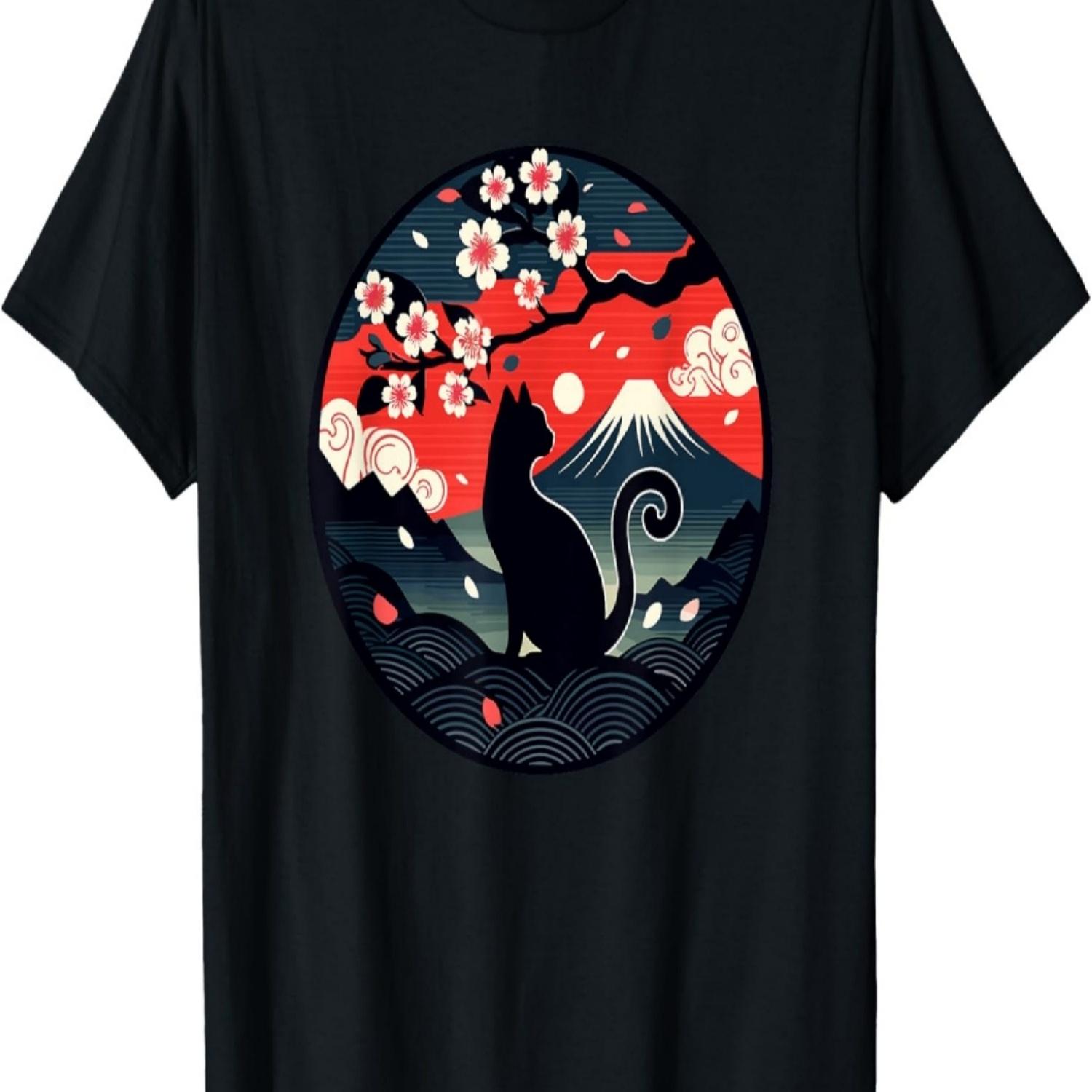 Kawaii Cat,  Cherry Blossom & Mount,  Art T-Shirt S чёрный