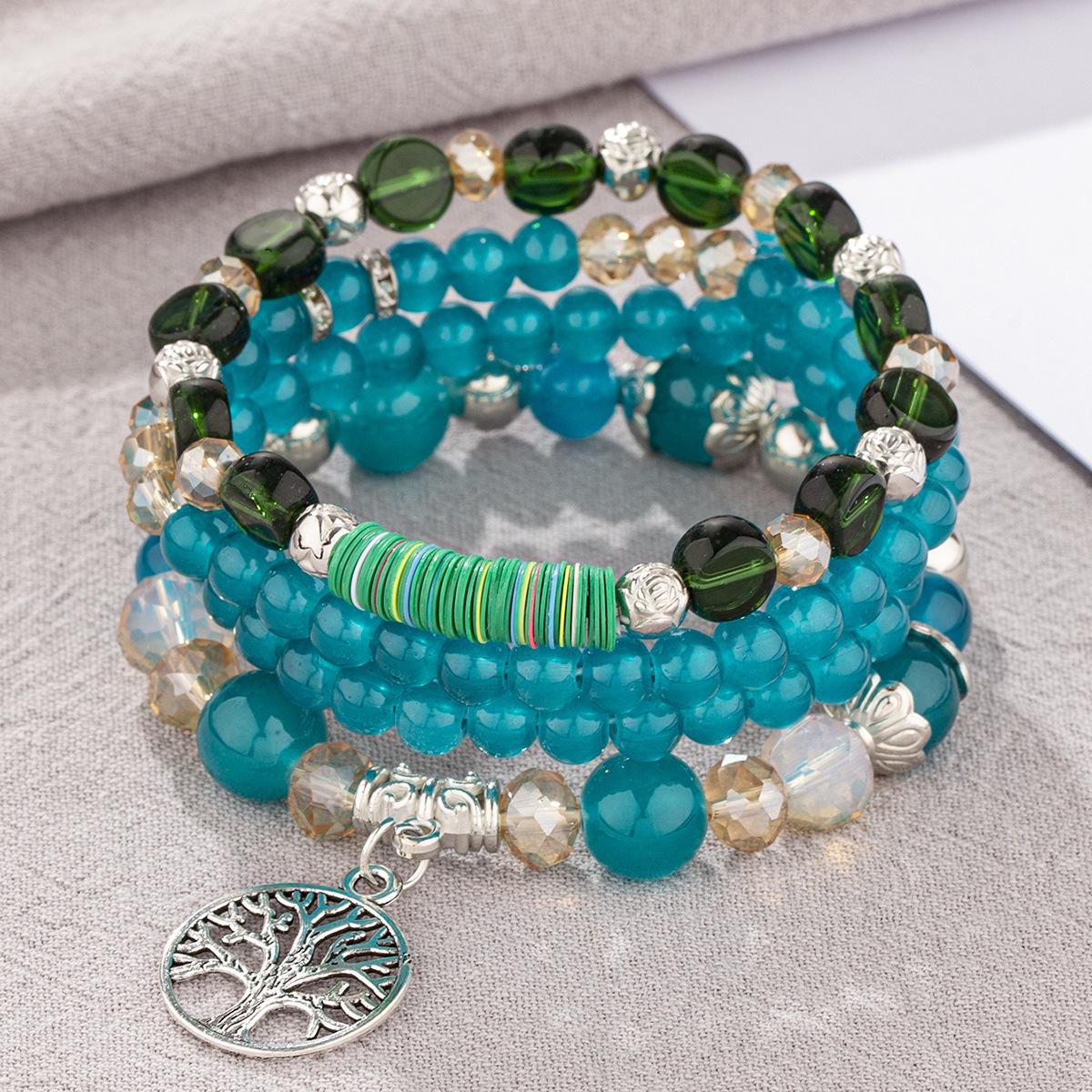 Bohemian Layered Beaded Bracelet with Life Tree Pendant
