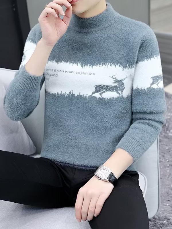 Pull Homme Velours Viscose Color Block: Tricot Tendance, Chaud, Polyvalent, à Col Semi-Haut pour l'Automne et l'Hiver