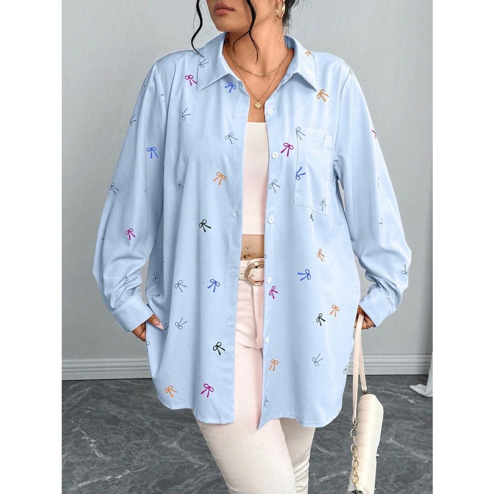 New Large-sized Women's Shirt Jacket Autumn Loose Bow Print Long-sleeved Casual Shirt