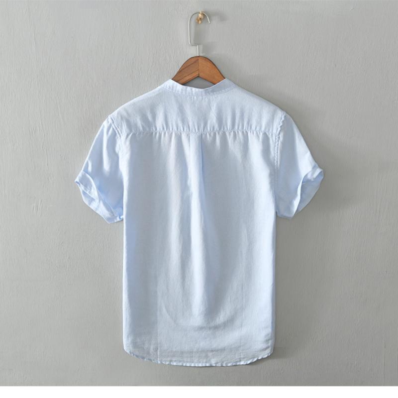 Stand Collar Men Shirt Summer Daily Casual Short Sleeve Shirt 4XL Breathable Men Clothing Simple Style Solid Color Cotton Linens Shirts