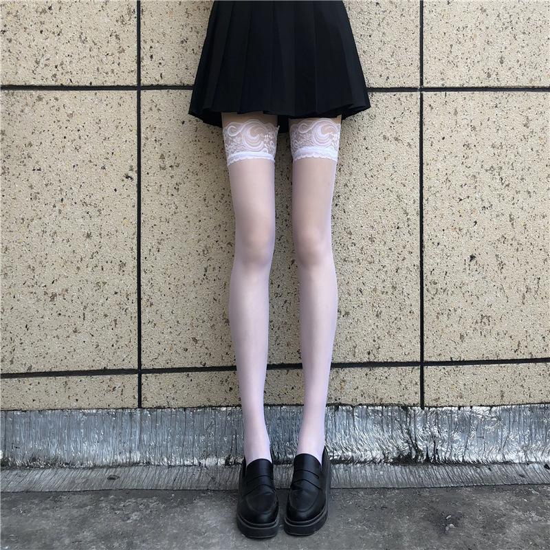 Gothic Lace Transparent Thigh High Stockings Women Punk JK Thin Silk Solid Hosiery Sexy Red Edge New Over The Knee Long Socks