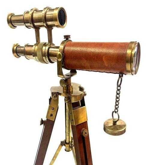 Marine Telescope Double Barrel Nautical Spotting Scope with Wooden Tripod Stand