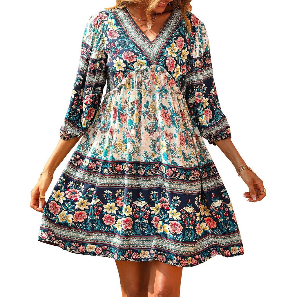 Summer  Casual Dresses V Neck 3/4 Long Sleeve Ruffle Floral Print  Short Beach Dress For Women 2022