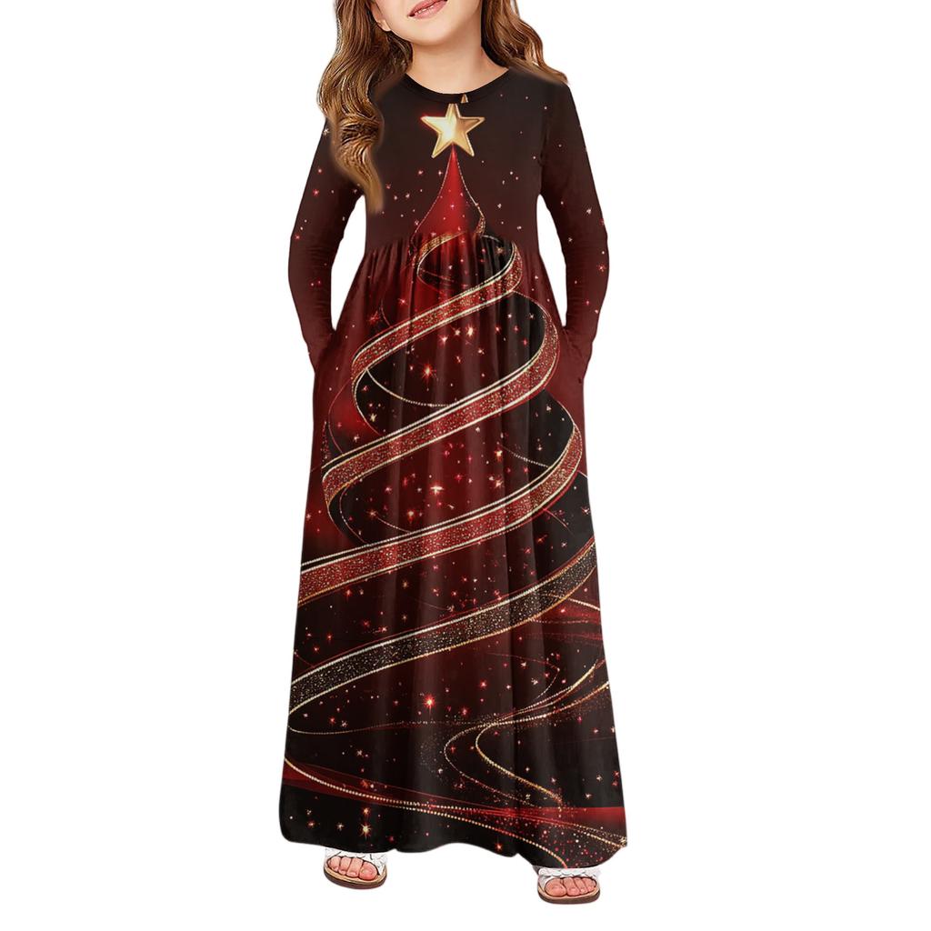 Rochie Maxi pentru Fete - Rochie cu Mânecă Lungă și Buzunare Zi de Crăciun
