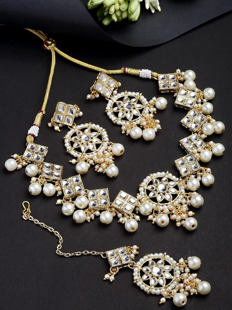 Gold Plated Square Shape Pearl Choker Necklace Set, Metal, Kundan