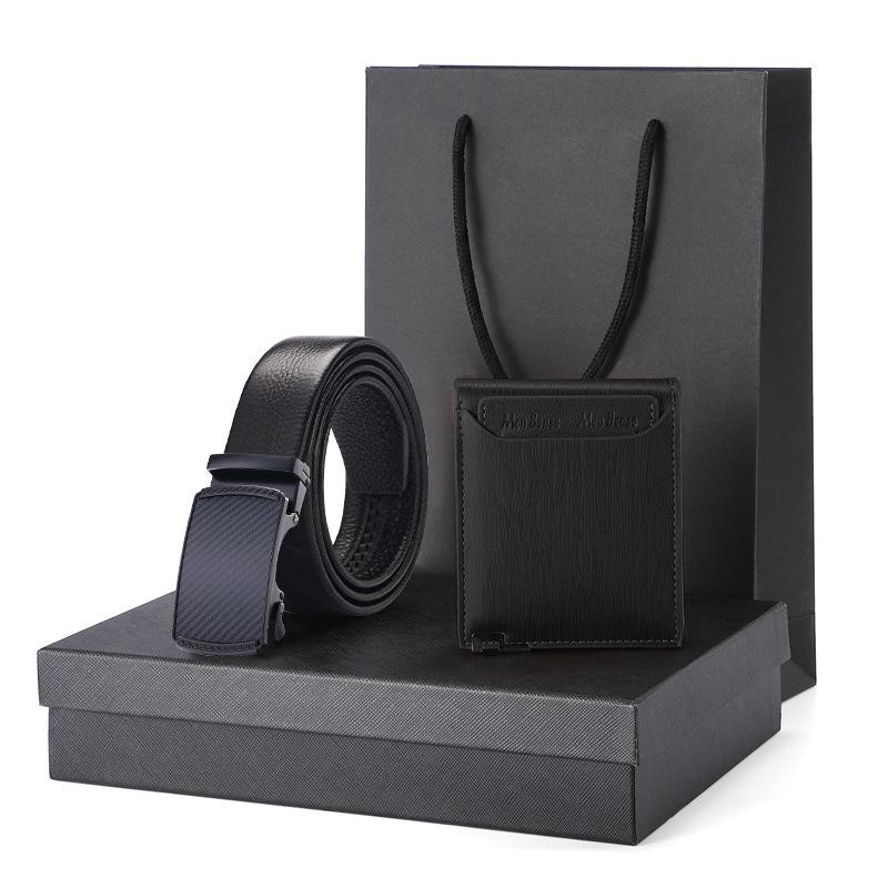 Men's Business Gift Set: Cowhide Wallet with Automatic Buckle Belt