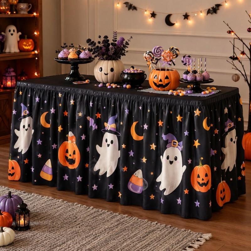 Halloween Table Skirt With Waterproof Dustproof Decor Dining 140-275cm Length