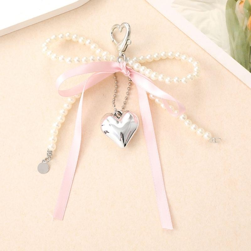 Elegant Pearls Bows Bag Pendant Practical Keychain Heart Shape Phone Ornament Keyring for Purse Handbag Decoration