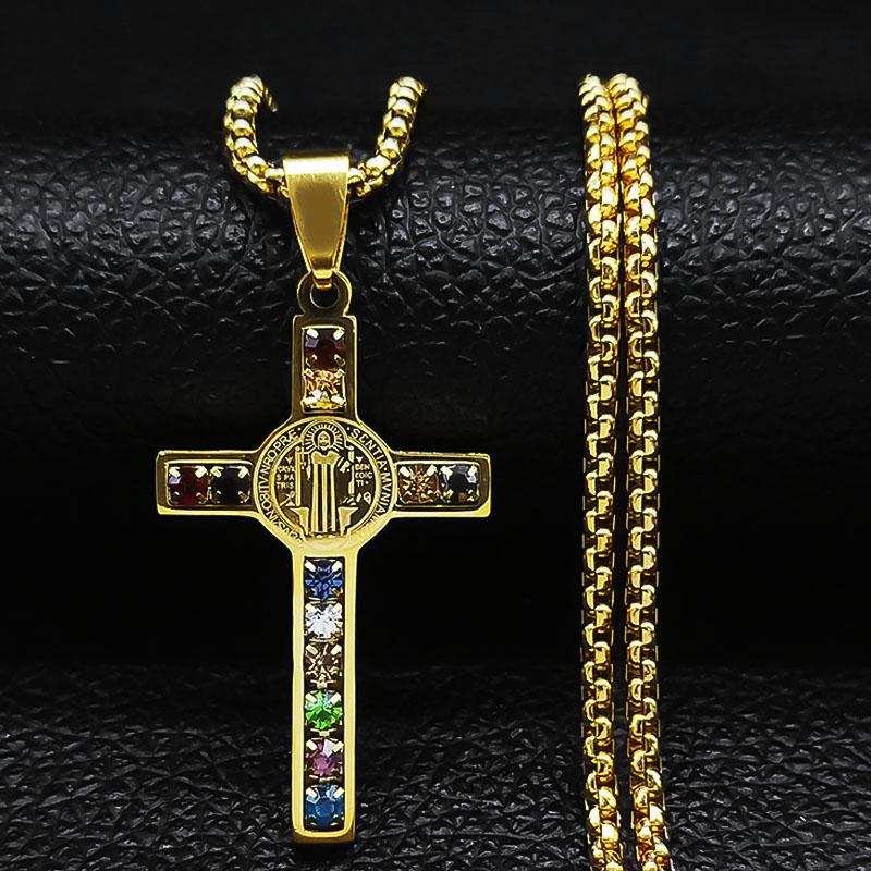 Catholic Jesus Cross Stainless Steel Necklace Saint Benedict Crystal Virgin Mary Pendant Crucifix Male Necklaces Jewelry Cruz