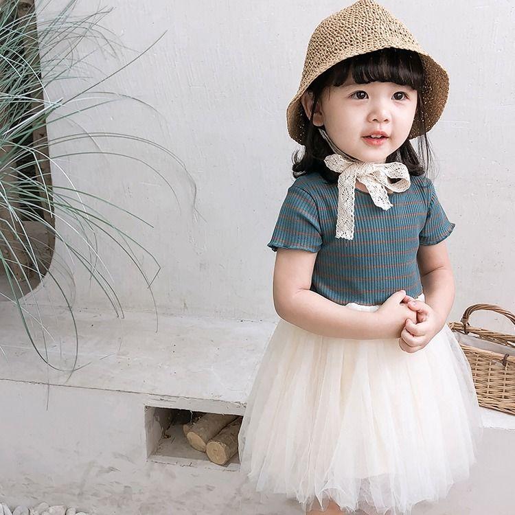 Girls Summer Dress Princess Dress Short Sleeved Gauze Striped Dress Cute A-line Mesh Dress