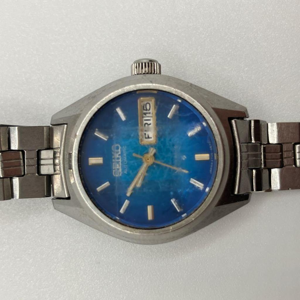 Used Working item Ladies SEIKO automatic watch Day-Date cut glass blue dial