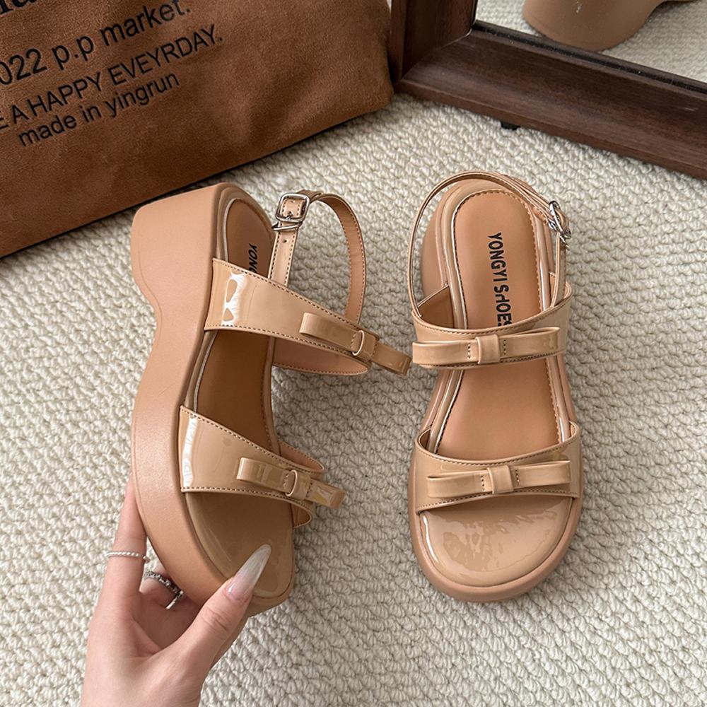 2025 Sandals Bow Shoes Clogs With Heel Open Toe Increasing Height New Retro Thick Summer Girls Peep Gladiator Scandals Rome