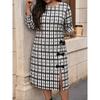 Plus Size Womens Black White Plaid Midi Dress With Side Bow Round Neck Long Sleeve Straight Fit