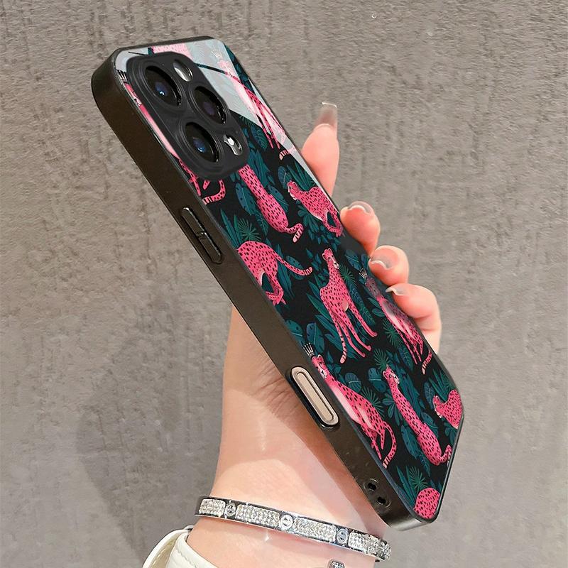 Pink Leopard Print Tempered Glass Phone Case For iPhone 16 15 14 13 12 11 17 Pro Max 17 Air 16E 7 Plus XR XS X Shockproof Cover