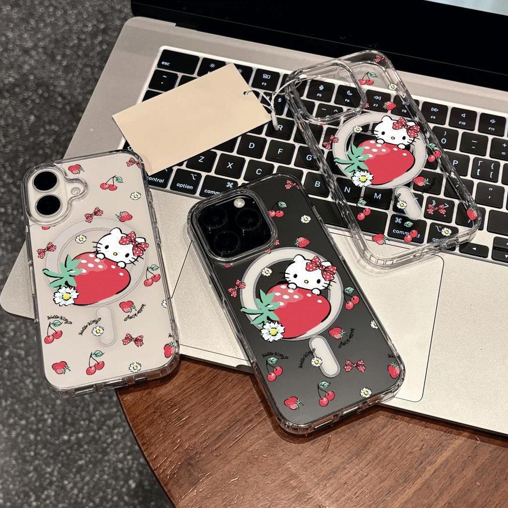 Hello Kitty Strawberry Magnetic Acrylic Case for iPhone 17 Pro Max, 15, 14, 13 Pro, 12