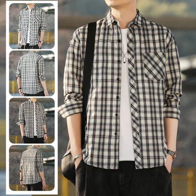 Checkered Shirt Men's Loose Lapel Top Design Sense Casual Shirt Long Sleeved Jacket