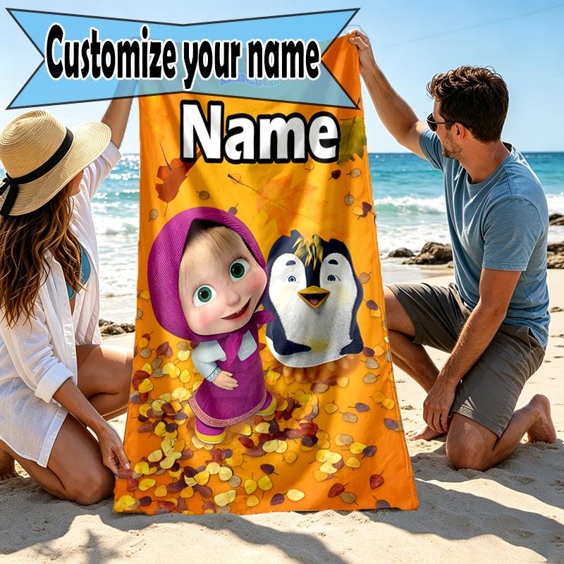 Custom Name Personalized Masha and The Bear Print Beach Towel, for Trip Camping Beach Party Home Decor, Birthday Gift for Family & Friends