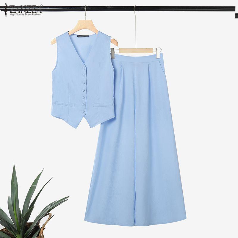ZANZEA Lässiger Zweiteiler für Damen, ärmelloses Westentop und Hose mit weitem Bein