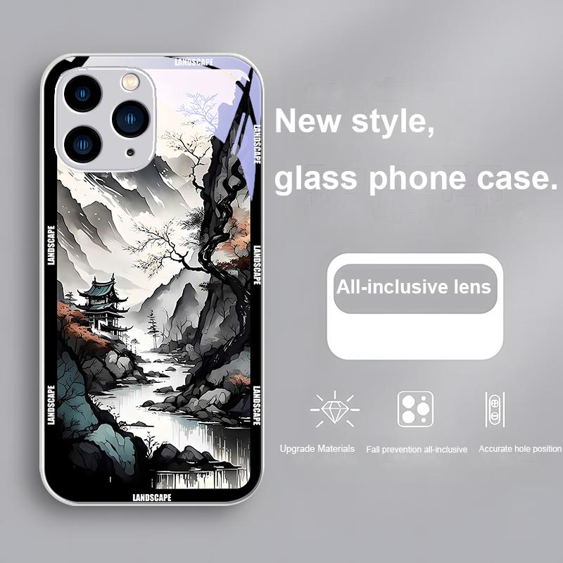 Chinese Landscape Painting For Iphone 16 Plus 15 14 13 12 Mini 11 Pro Max X XS XR 7 8 Plus 2022 Tempered Glass Phone Case