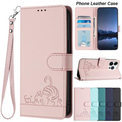 Cartoon Cat Flip Wallet Leather Case Cover for iPhone 16 15 14 13 12 11 Pro Max XS MAX XR 8 7 Samsung S24 S23 S22 S21 S20 Ultra Plus A14 A13 A53 A54