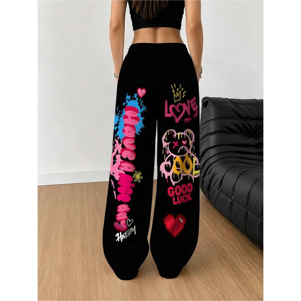 Women's Fashion Wide-leg Pants, Graffiti Cute Style, Suitable for Daily Wear and Casual Occasions