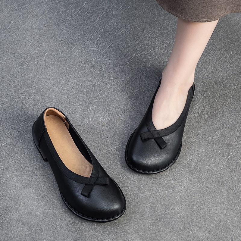 Johnature Echtes Leder Bequeme Schuhe mit niedrigem Absatz Retro Vielseitige Pumps Runde Spitze Damenschuhe