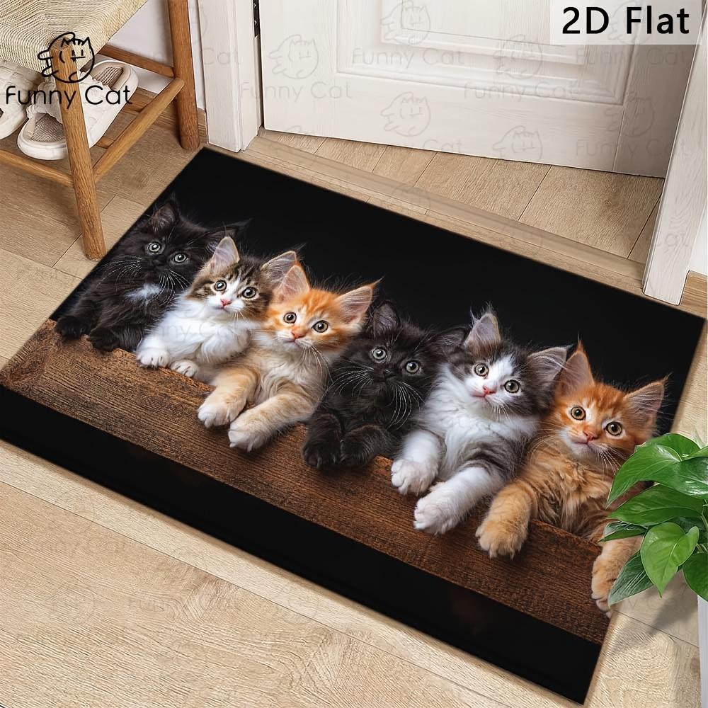 1pc 2D Flat Row Of Cute Kittens Funny Cat Faces Flannel Door Mat Non Slip Animal Lover Rug For Entryway Living Room Floor Decor