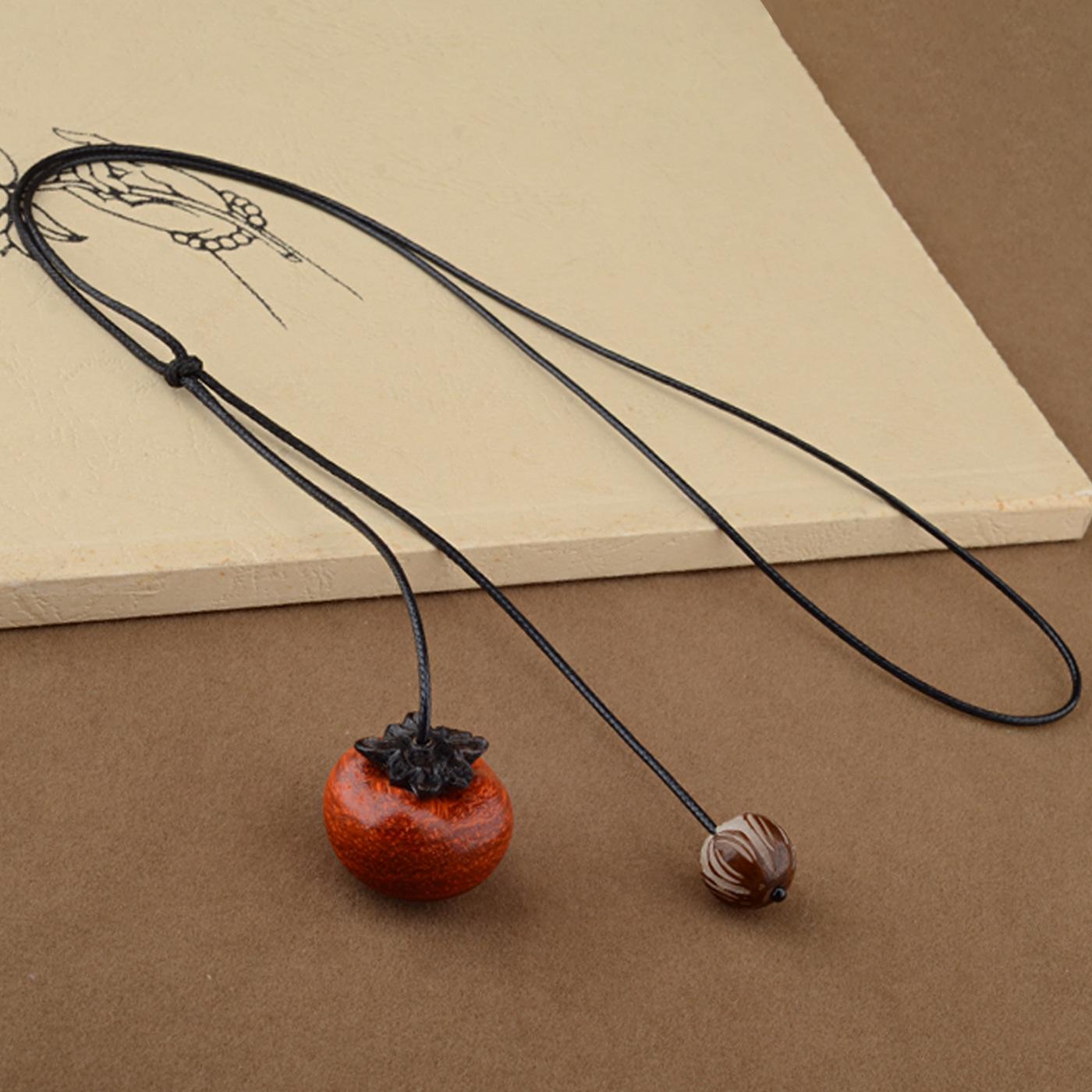Good Luck Retro Sandalwood Persimmon Pendant Necklace – Long Chain with Wooden Charm for Women